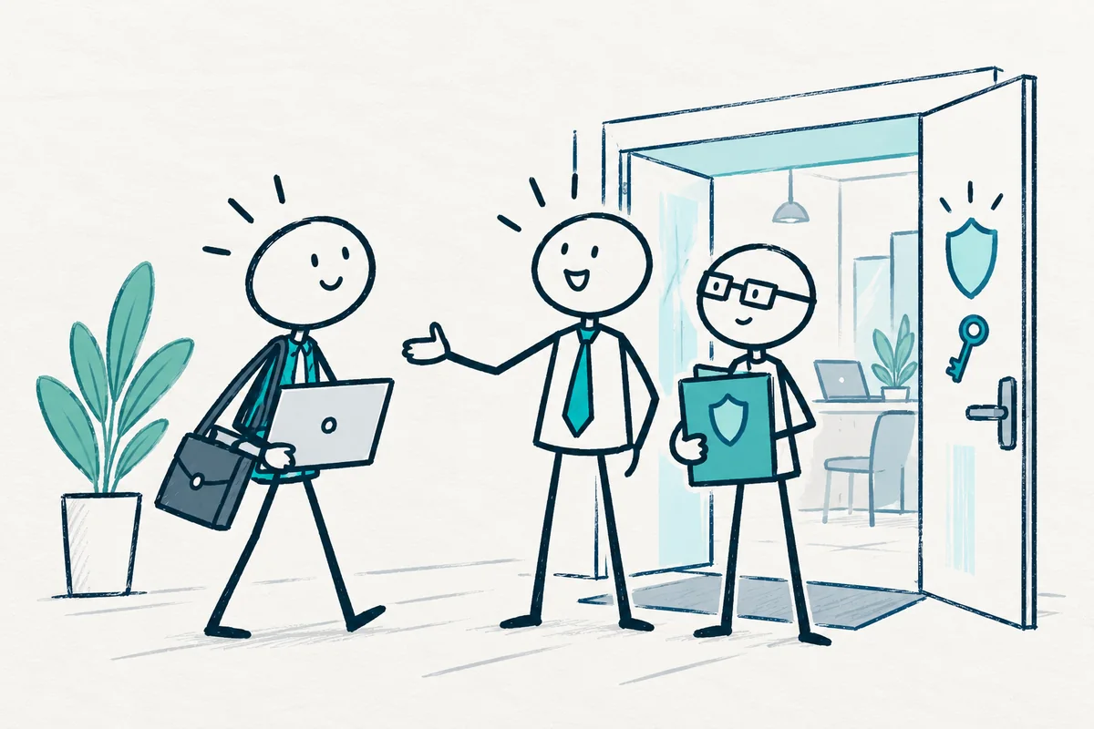A company manager and security reviewer welcome an expert carrying their own laptop.