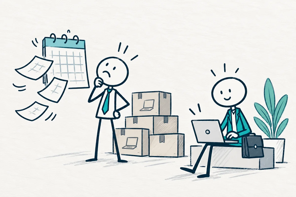 A manager waits beside laptop shipping boxes while an expert is ready to begin.