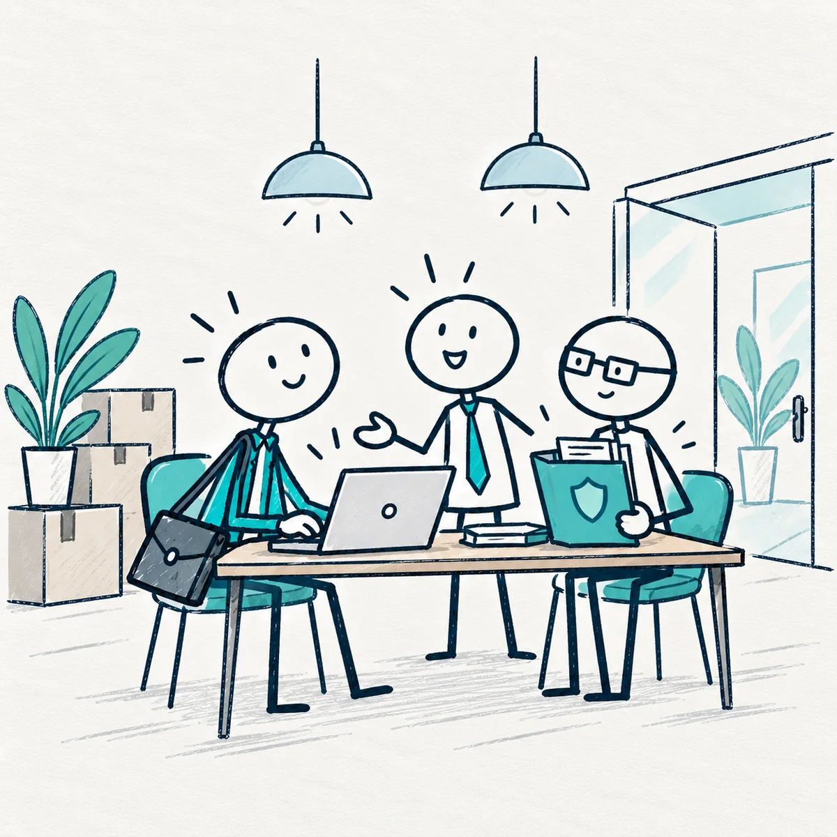 An independent expert working with two client contacts at a table, one holding a security folder.